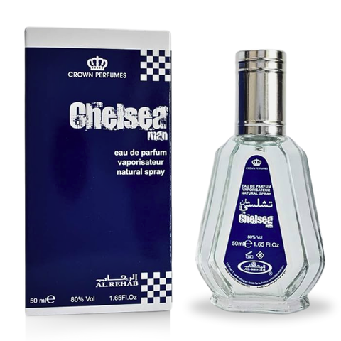 Al Rehab Chelsea Man Eau de Parfum spray bottle, 50ml, featuring sleek design and label with product details.