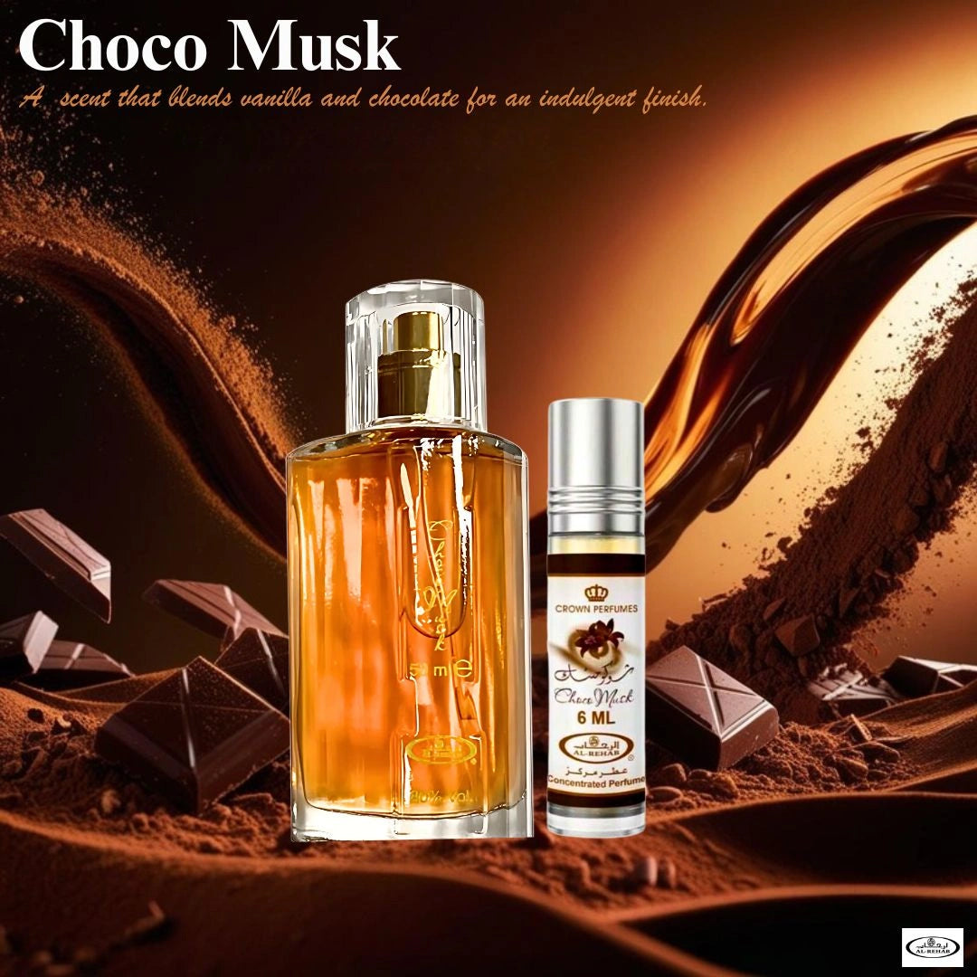 Choco Musk Eau de Parfum Spray 50ml (1.7 oz) & Roll-On 6ml (0.2 oz) by Al Rehab | A Sweet, Cozy Scent Bundle with Vanilla & Rich Chocolate Notes (Bundle)