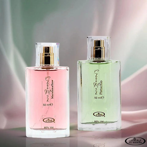 Al Rehab Choco Musk Marshmallow and Pistachio Eau De Parfum bundle with two 50ml spray bottles, featuring sweet, nutty fragrance notes.