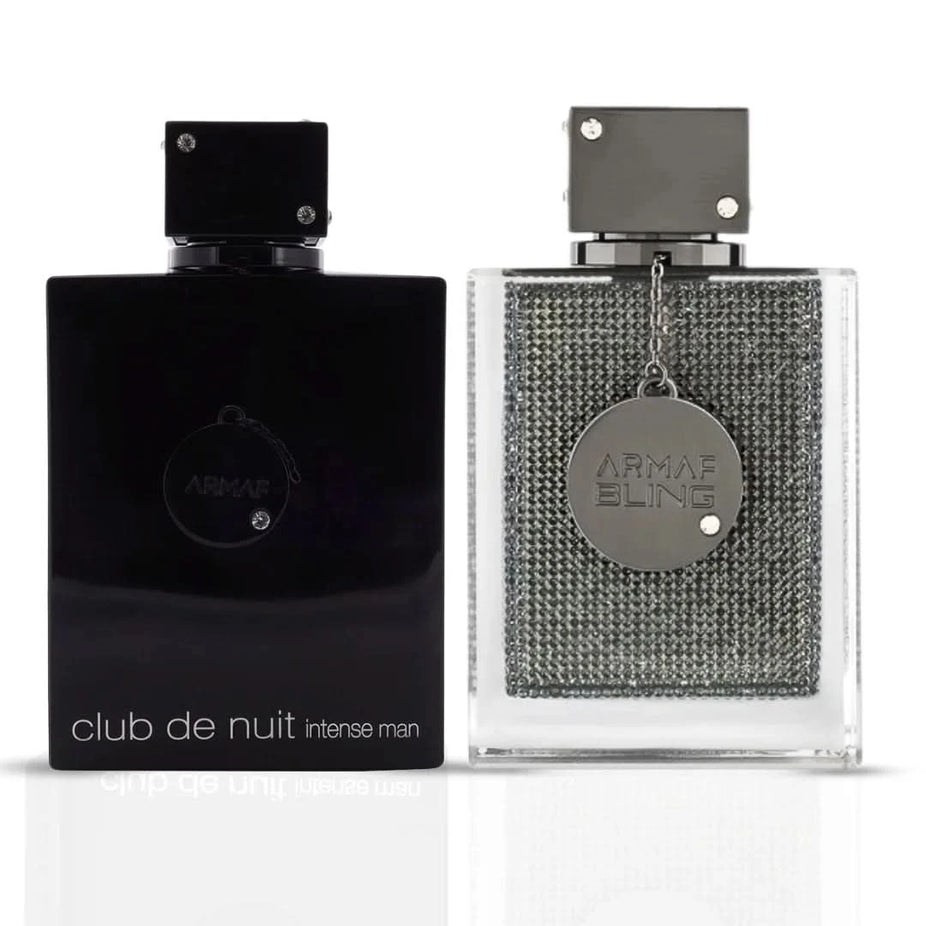 Armaf Club De Nuit Intense for Men 105ml and Club de Nuit Bling Eau de Parfum 75ml bundle, featuring two stylish fragrance bottles.