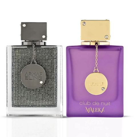 Armaf bundle featuring Club de Nuit Bling 75ml and Club De Nuit Maleka 105ml Eau de Parfum sprays, shown in sleek bottles.