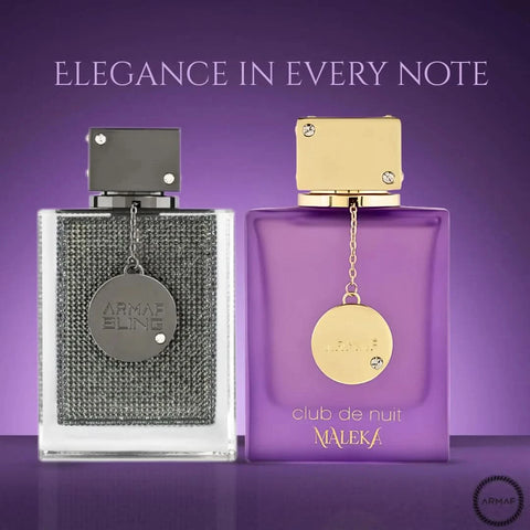 Armaf Club de Nuit Bling and Maleka Eau de Parfum bundle, 75ml and 105ml spray bottles, featuring sleek packaging and elegant designs.