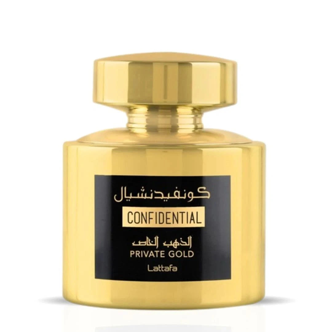 Lattafa Confidential Private Gold Eau de Parfum spray in a velvet pouch, 100ml, showcasing the elegant bottle design.