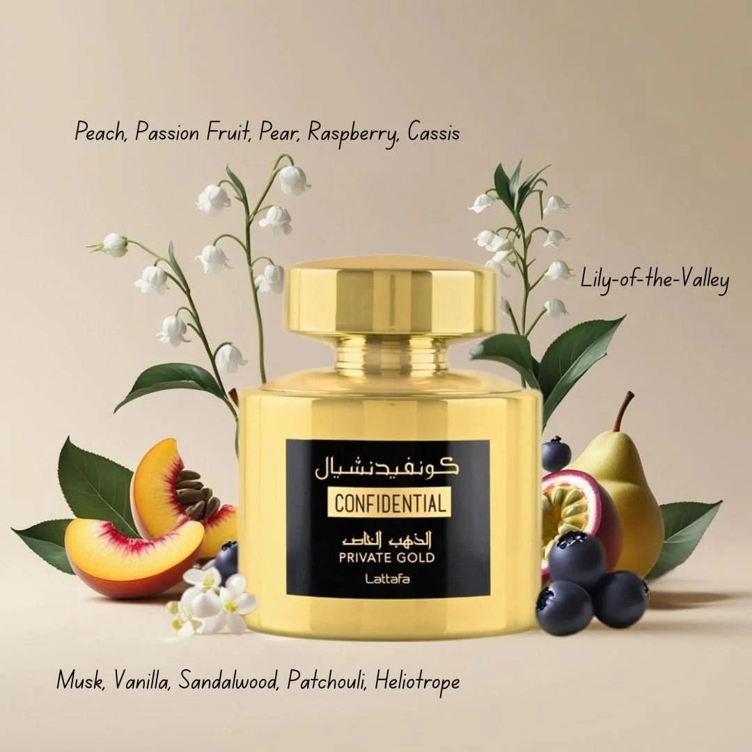 Lattafa Confidential Private Gold Eau de Parfum spray in a velvet pouch, 100ml, featuring a luxurious gold bottle design.