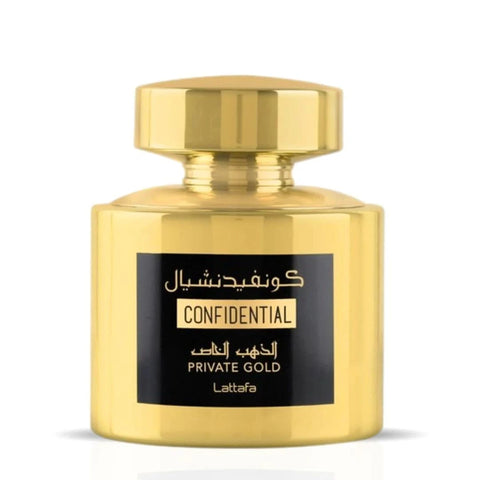 Lattafa Confidential Private Gold Eau de Parfum spray in a velvet pouch, 100ml, showcasing the elegant bottle design.