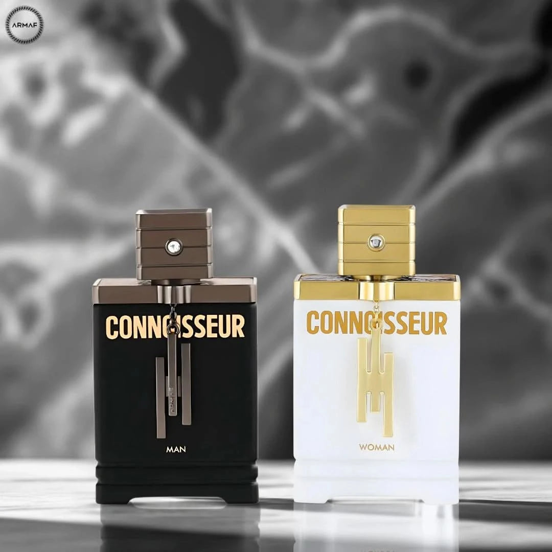 Armaf Connoisseur Man and Woman Eau de Parfum bundle, 100ml spray bottles featuring sophisticated fragrances for men and women.