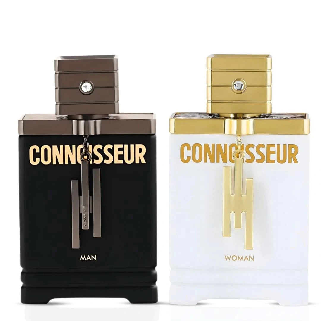 Bundle of Armaf Connoisseur Man and Woman Eau de Parfum sprays, 100ml each, featuring sleek bottles and elegant packaging.