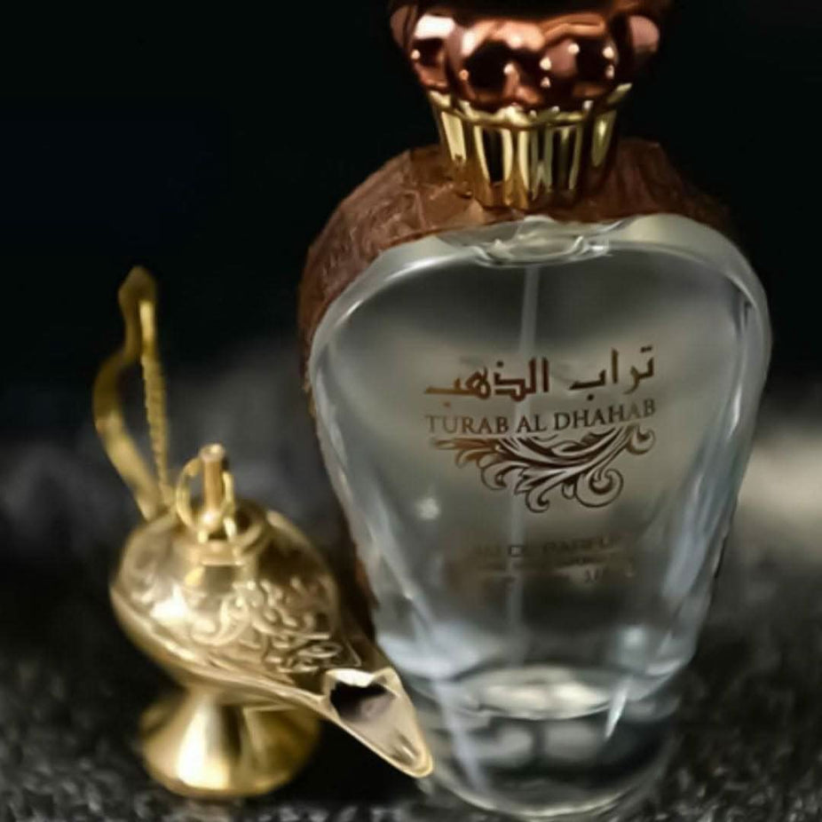 Ard Al Zaafaran Turab Al Dhahab Eau de Parfum spray 100ml bottle with intricate gold and black design, elegant and luxurious packaging