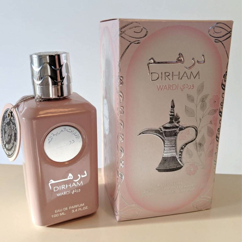 Eau de Parfum for women in 100mL bottle, Dirham Wardi by Ard Al Zaafaran with elegant floral design and gold accents