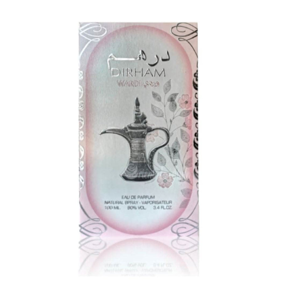 Dirham Wardi EDP for women by Ard Al Zaafaran, 100mL bottle, featuring elegant floral design and perfume bottle with gold accents.