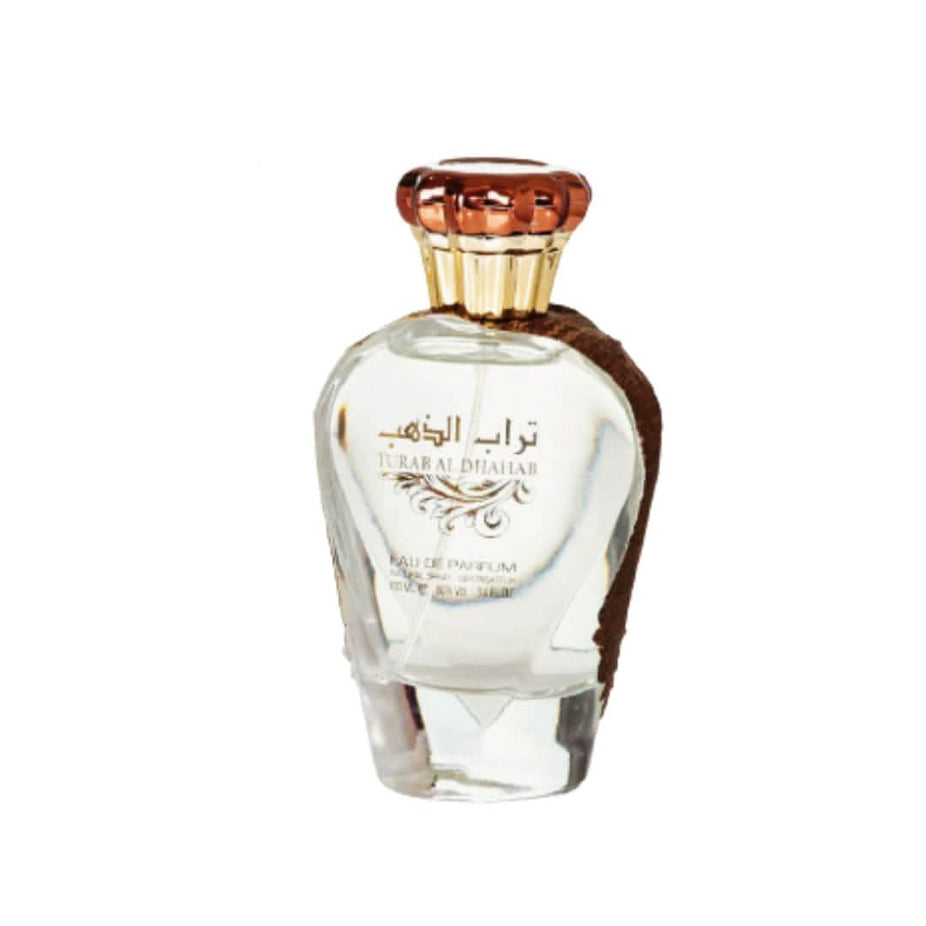 Ard Al Zaafaran Turab Al Dhahab Eau de Parfum spray bottle with gold accents, 100ml, elegant design and clear fragrance label.
