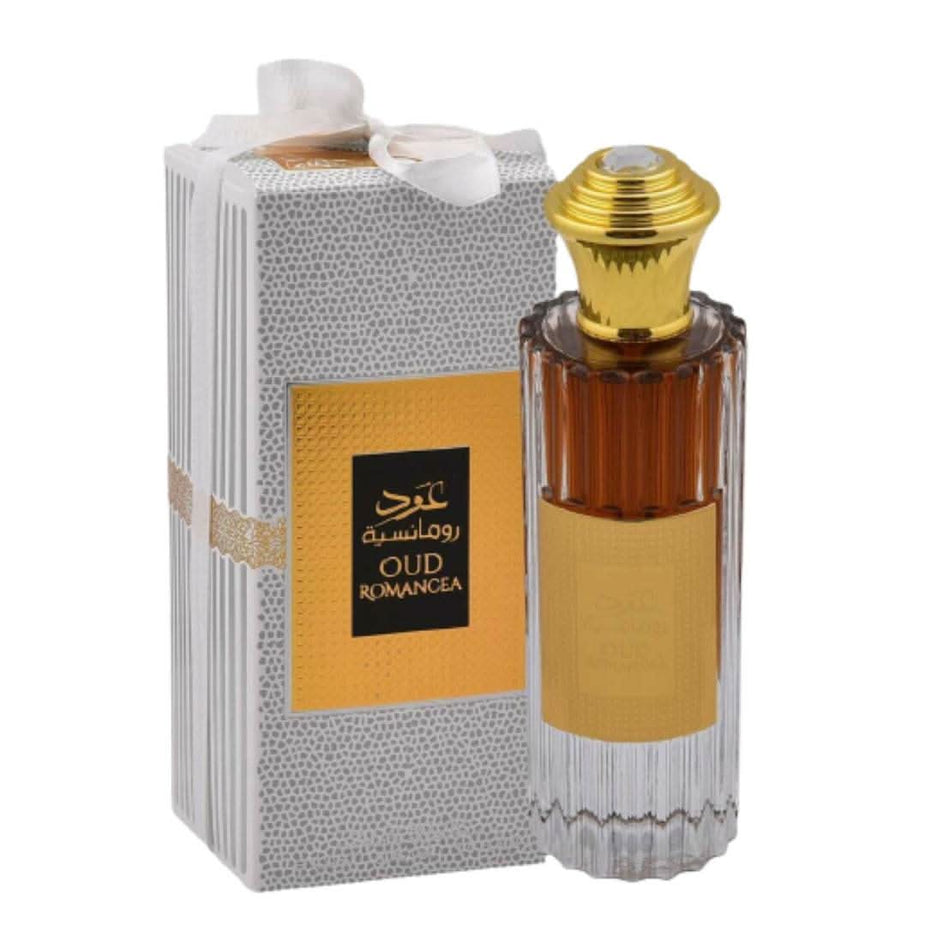 Ard Al Zaafaran Oud Romancea EDP for Women, 100mL bottle, elegant glass with floral and oud accents on a white background.