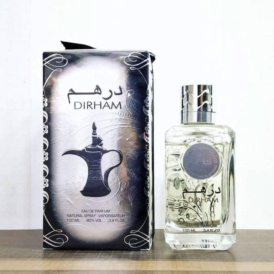 Ard Al Zaafaran Dirham EDP 100mL unisex fragrance bottle with a sleek design and sweet aroma.