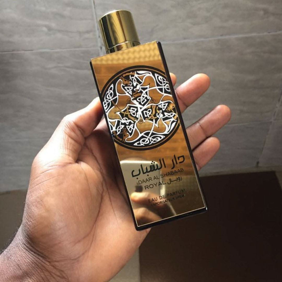 Daar Al Shabaab Royal EDP for Men by Ard Al Zaafaran, 80mL bottle with sleek design and dark-colored fragrance box.