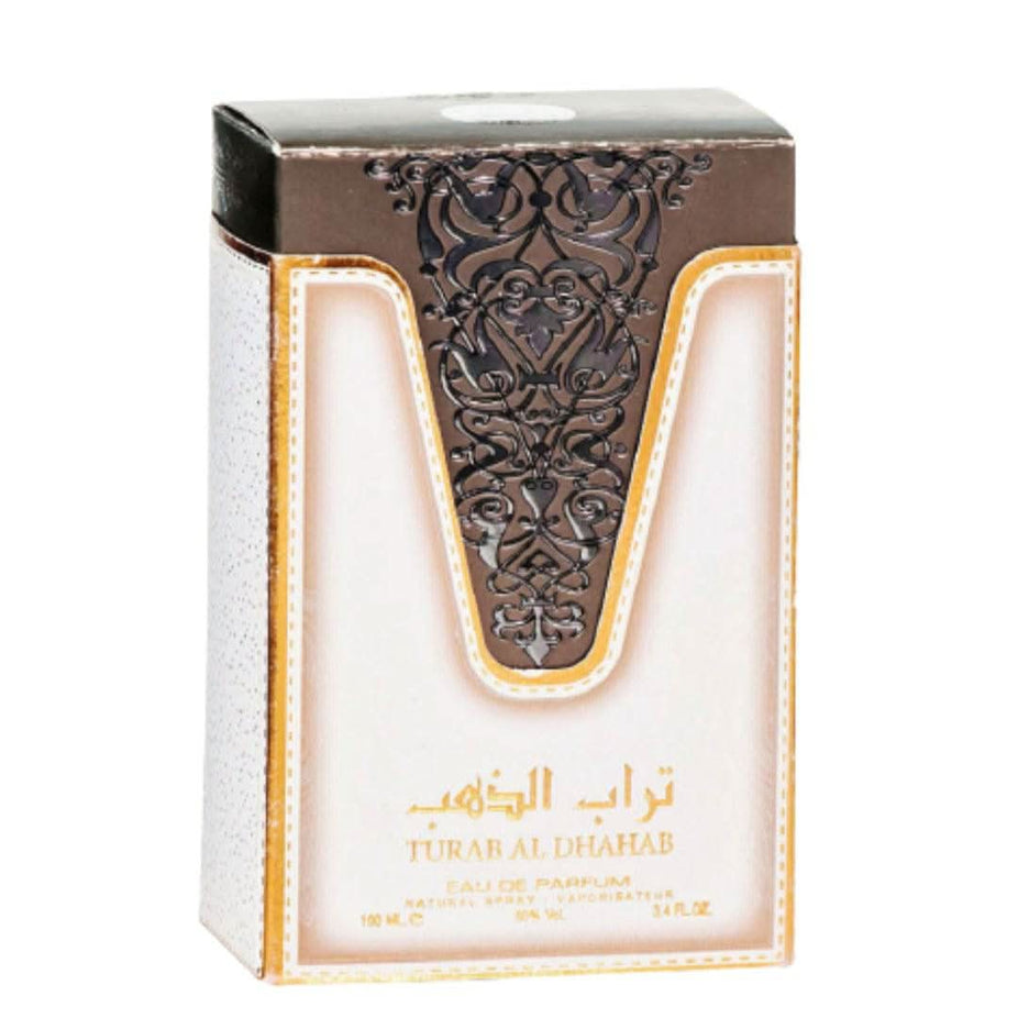 Ard Al Zaafaran Turab Al Dhahab Eau de Parfum spray 100ml bottle with ornate gold design and elegant packaging.