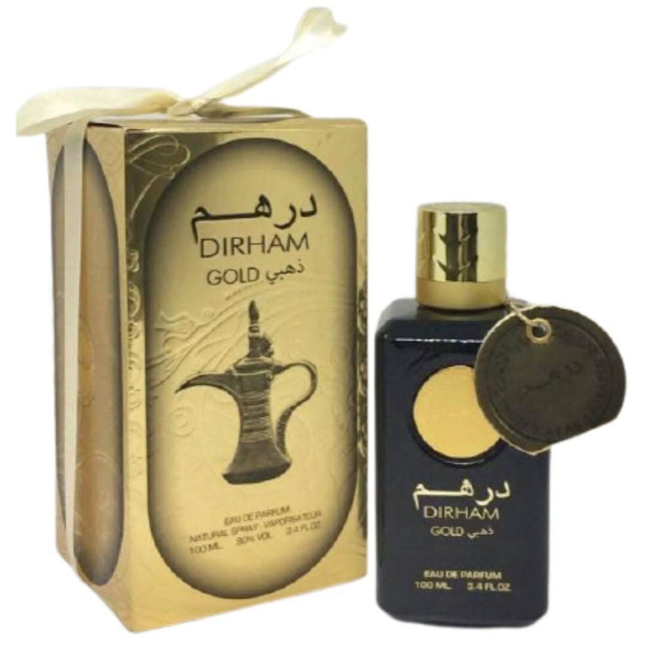 Dirham Gold EDP unisex perfume by Ard Al Zaafaran, 100mL bottle with luxurious gold accents and elegant fragrance design.