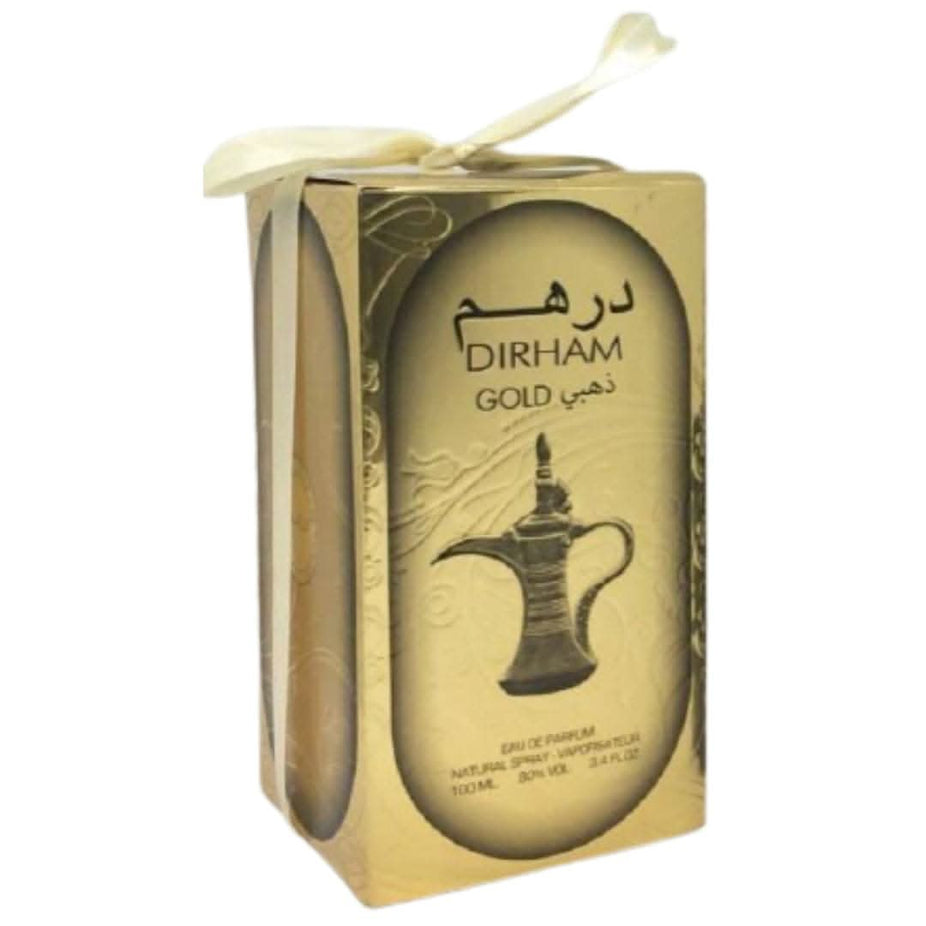 Unisex Dirham Gold EDP by Ard Al Zaafaran, 100mL bottle, showcasing the elegant perfume bottle with gold accents.