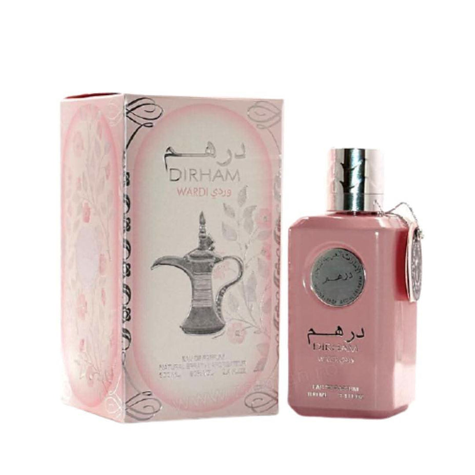 Dirham Wardi EDP for women by Ard Al Zaafaran, 100mL bottle, elegant perfume bottle with floral design and gold accents.