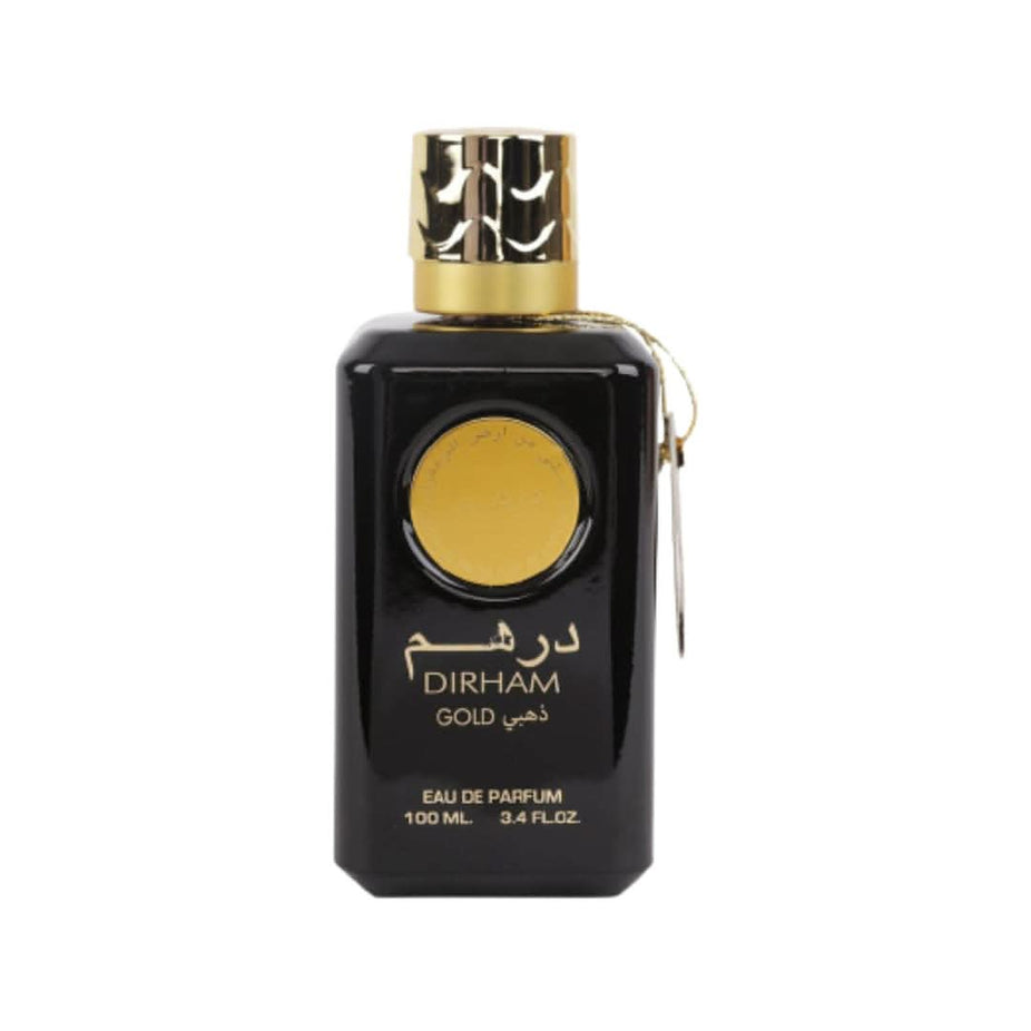 Dirham Gold EDP unisex perfume by Ard Al Zaafaran, 100mL bottle with luxurious gold packaging and elegant fragrance design.