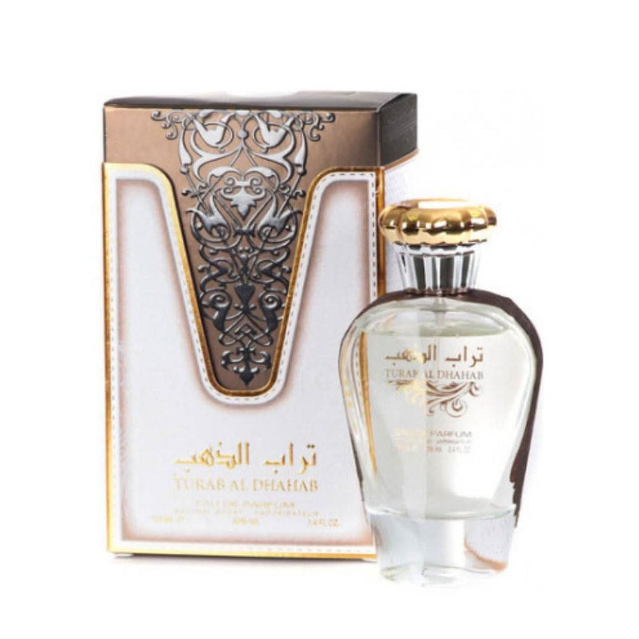 Ard Al Zaafaran Turab Al Dhahab Eau de Parfum spray bottle, 100ml, with elegant gold and amber packaging.