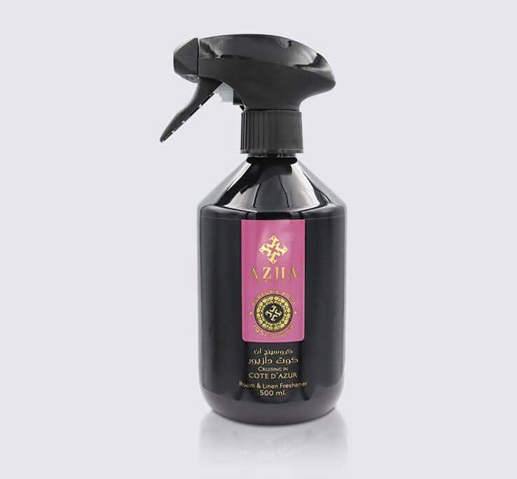 AZHA Cruising in Cote D'Azur air freshener bottle, 500ml, with vibrant label and freshening scent, designed for room and linen use.
