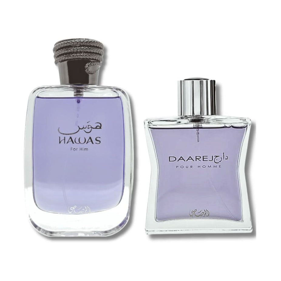Rasasi Hawas and Daarej Pour Homme EDP 100ml fragrance bundle, featuring stylish bottles of men's perfumes.