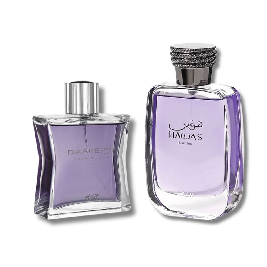 Rasasi Hawas and Daarej Pour Homme EDP 100ml fragrance bundle with two elegant perfume bottles on a neutral background.