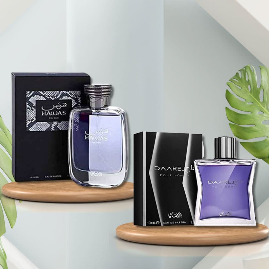 Rasasi Hawas and Daarej Pour Homme EDP 100ml fragrance bundle, featuring two men's perfumes with elegant bottles.