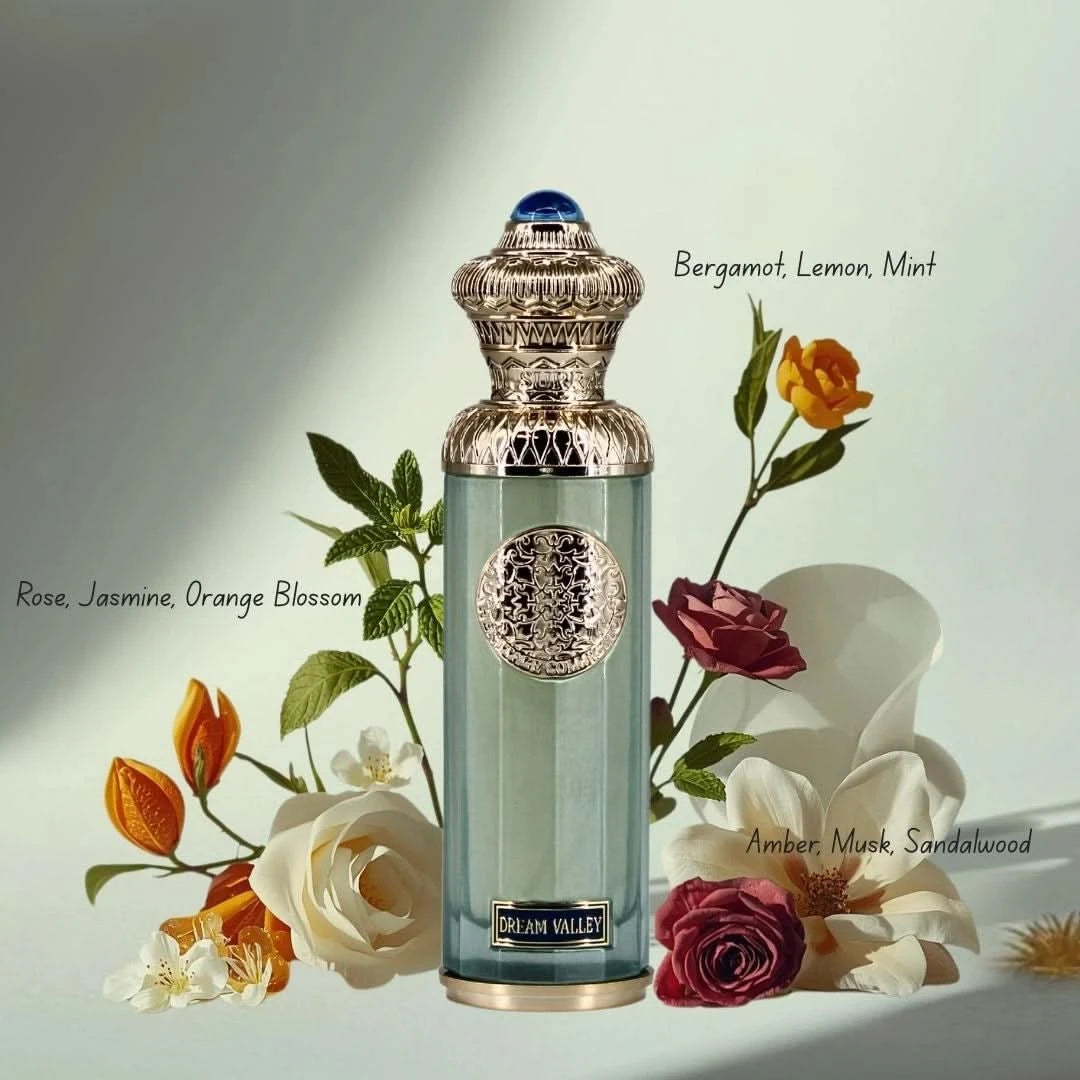 Dream Valley Eau De Parfum spray by Surrati in a velvet pouch, 140ml bottle with elegant floral and oriental fragrance notes.