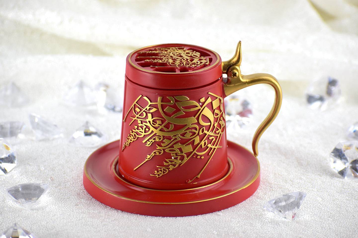 Tea Cup Style Closed Incense Bakhoor Burner - Red - Intense oud