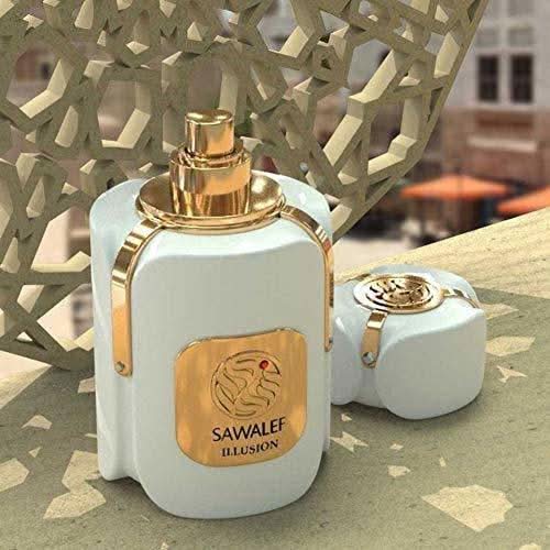 Sawalef Illusion Unisex Eau De Parfum 80ml bottle with sleek glass design and silver cap, elegant and modern packaging.