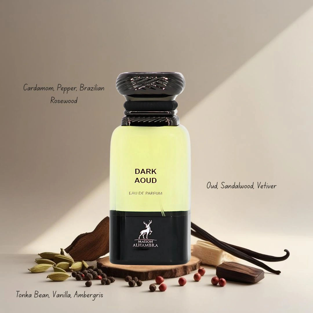 Dark Aoud Eau de Parfum Spray 80ml (2.7 oz) by Maison Alhambra | Spice & Smoke, Softened by Sensual Woods - Intense Oud