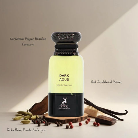Dark Aoud Eau de Parfum Spray 80ml (2.7 oz) by Maison Alhambra | Spice & Smoke, Softened by Sensual Woods - Intense Oud