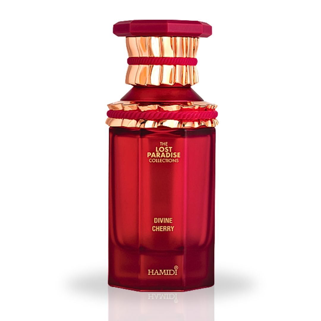 Hamidi Divine Cherry Eau de Parfum spray in velvet pouch, 100ml bottle with elegant floral and fruity scent details