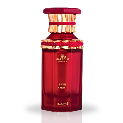 Hamidi Divine Cherry Eau de Parfum spray in velvet pouch, 100ml bottle with elegant floral and fruity scent details