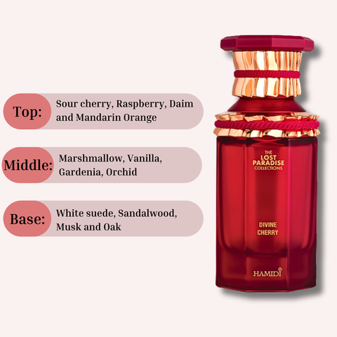 Hamidi Divine Cherry Eau de Parfum spray in velvet pouch, featuring a sleek bottle and elegant packaging.