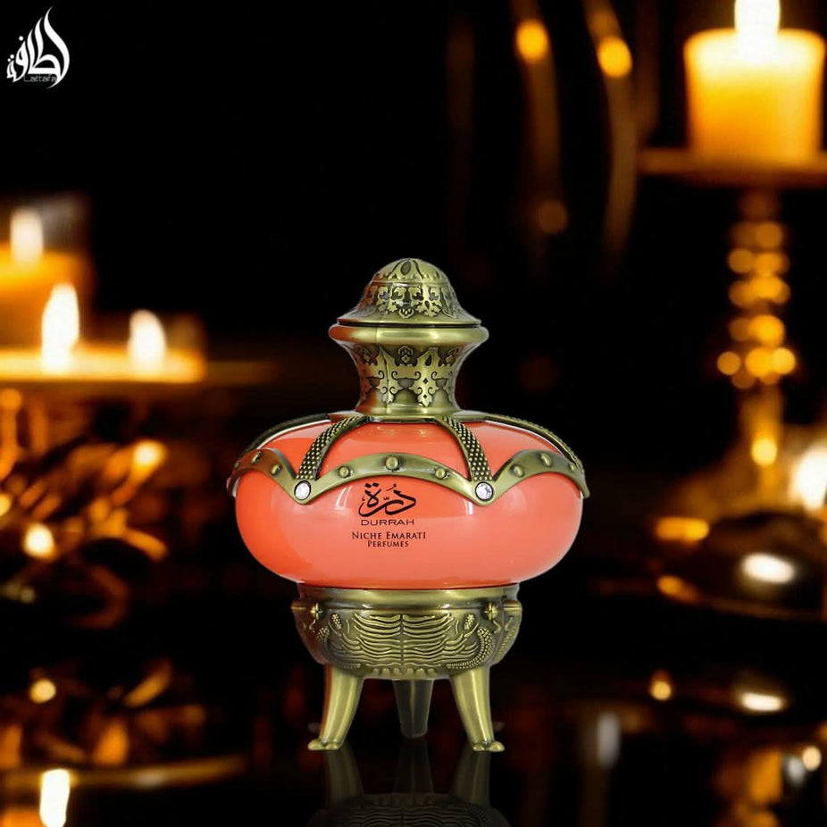 Lattafa Niche Emarati Durrah and Opulent Dubai Eau de Parfum spray bundle, 100ml bottles, featuring luxurious floral and oriental scents.