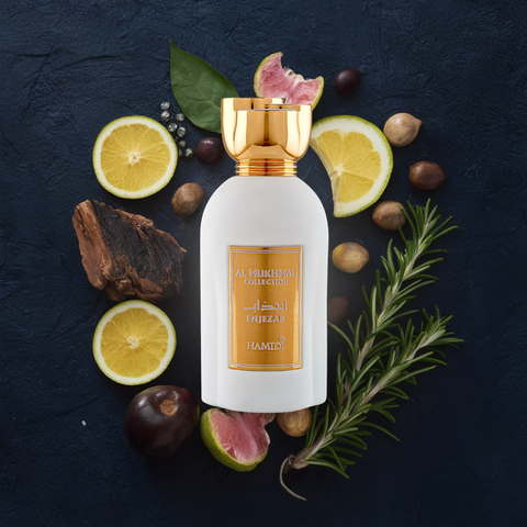 Enjezab Eau de Parfum Spray by Hamidi, 100ml bottle, elegant packaging with a floral and woody scent profile.