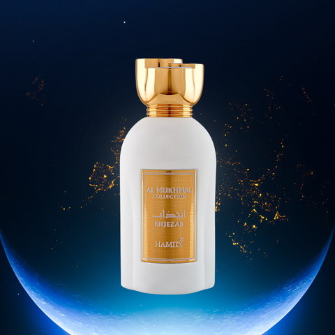 Enjezab Eau de Parfum spray by Hamidi, 100ml bottle, elegant glass container with a sleek design and floral accents.