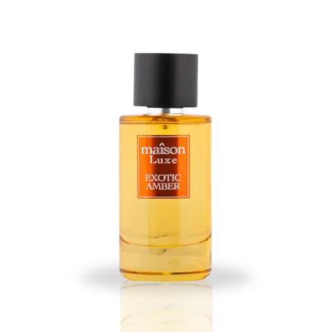 Maison Luxe Exotic Amber Eau de Parfum spray by Hamidi with a velvet pouch, featuring warm amber scent in a 110ml bottle.