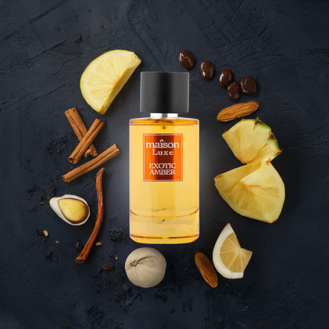 Maison Luxe Exotic Amber Eau de Parfum Spray by Hamidi, 110ml, with velvet pouch, showcasing the elegant perfume bottle.