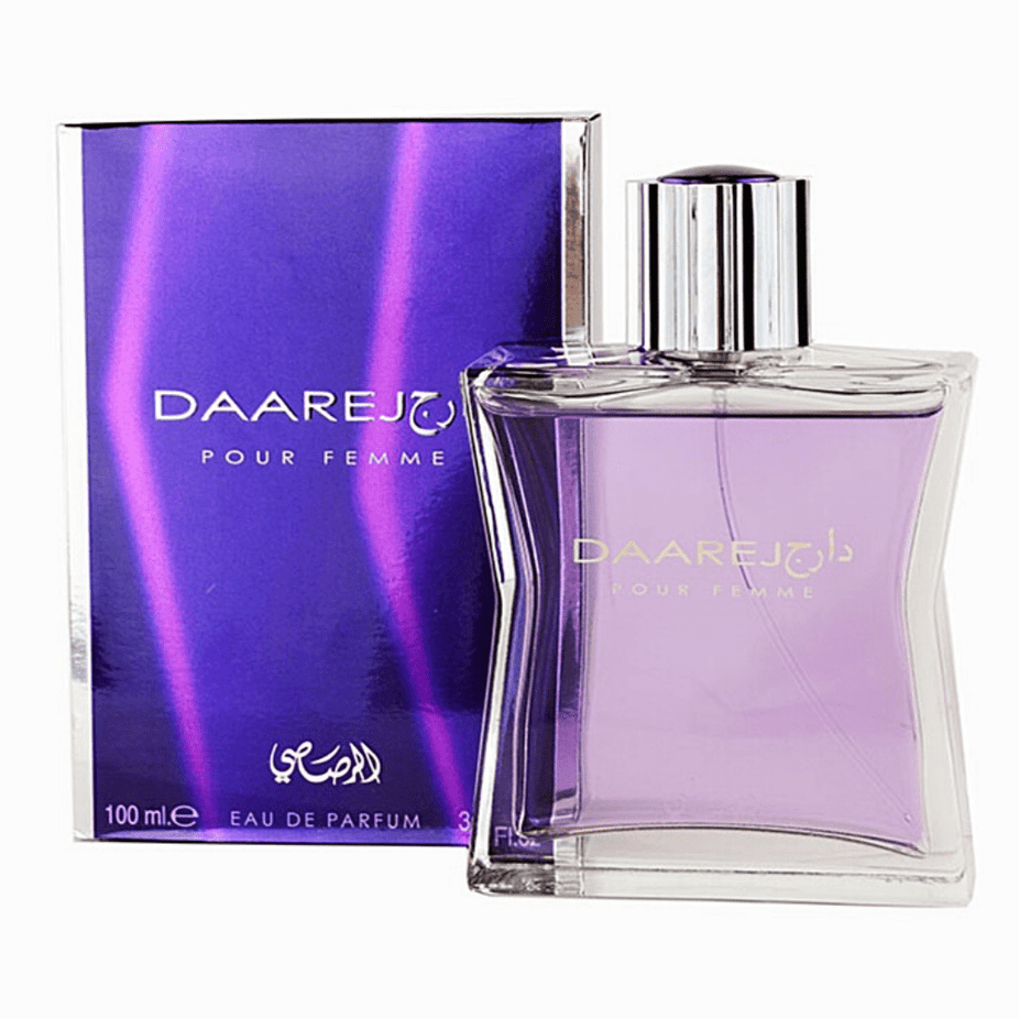 Rasasi Daarej for Women Eau de Parfum spray 100ml, elegant bottle with floral and oriental fragrance accents.