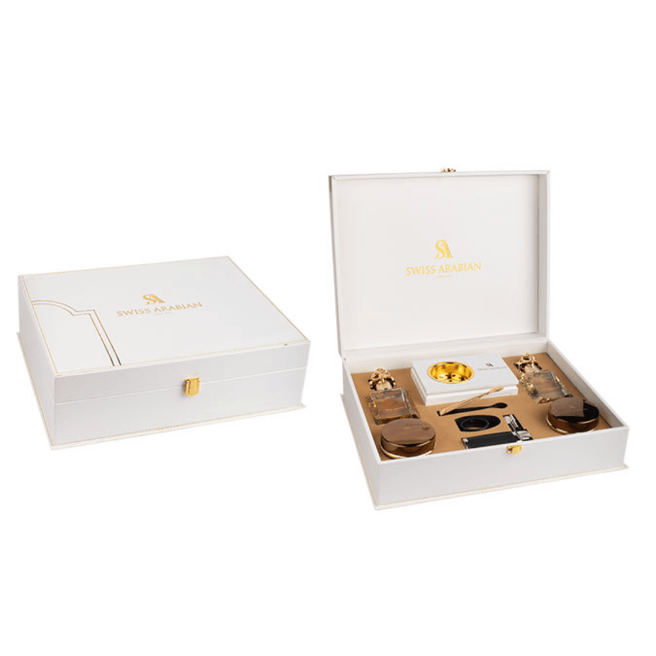 Swiss Arabian Bakhoor gift set from the Exclusive Collection, featuring elegant packaging and multiple fragrant bakhoor pieces.