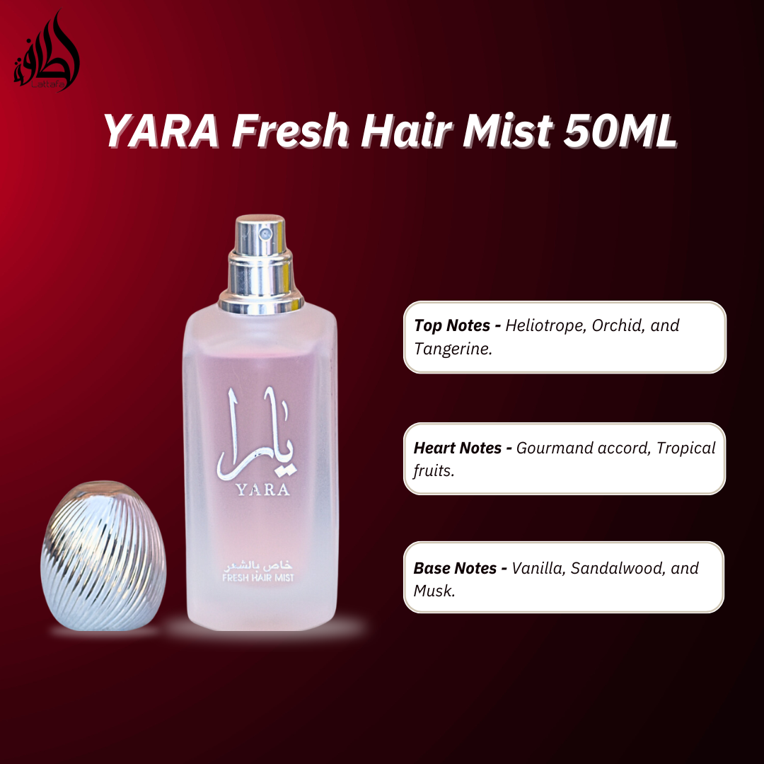 Lattafa Yara Fresh Hair Mist 50ml with a velvet pouch, featuring a sweet, sensual aroma and lightweight spray for hair refreshment.