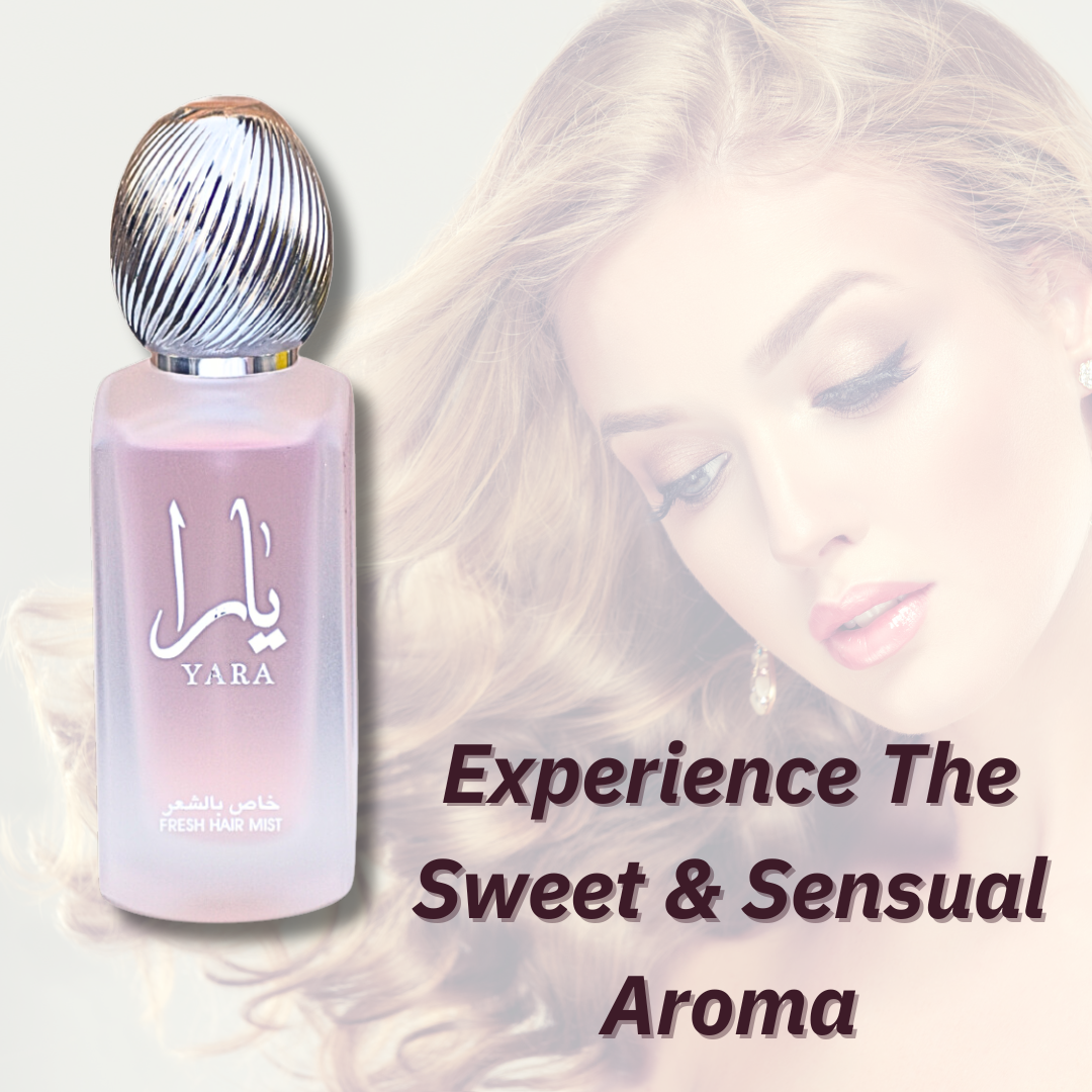 Lattafa Yara Fresh Hair Mist 50ml with sensual floral scent in a velvet pouch, designed to refresh and add a delicate fragrance to hair.