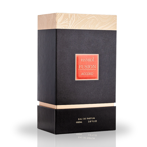 Hamidi FUSION ACCORD EDP spray bottle, 85ML, showcasing the luxurious unisex fragrance with elegant packaging.