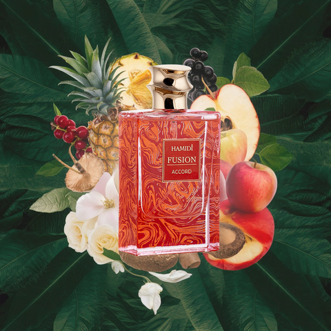 Hamidi Fusion Accord EDP spray 85ml bottle, luxurious unisex fragrance with elegant packaging.