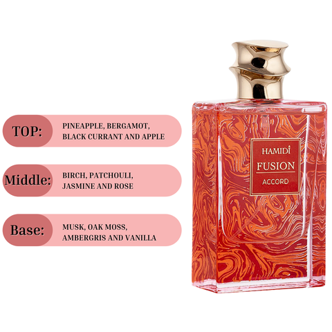 Hamidi Fusion Accord EDP spray 85ml, luxurious unisex fragrance bottle with elegant design.
