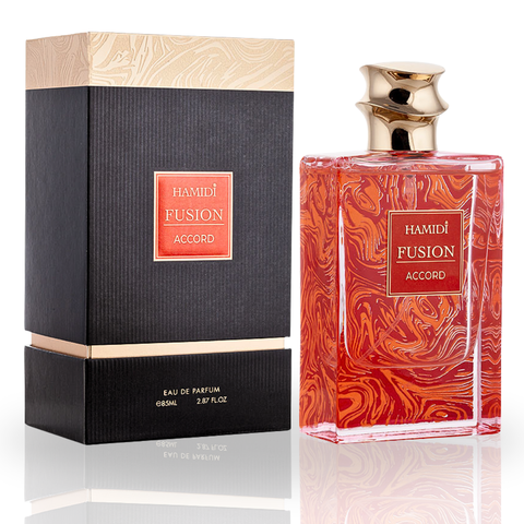 Hamidi Fusion Accord EDP spray 85ML, a luxurious unisex fragrance bottle with elegant packaging.