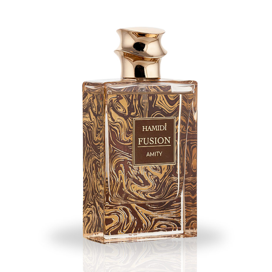Hamidi Fusion Amity Eau De Parfum spray bottle, 85ml, featuring a citrus scent, with a sleek design and elegant packaging.